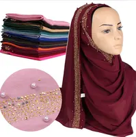 Moda Pianura Solido Perla di Perforazione a Caldo Musulmano Malaysia Chiffon Hijab Sciarpa