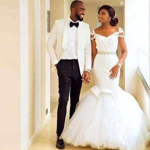 African Bride Mermaid Wedding Dress <b>White</b> Sweetheart Neckline Tulle Radiant Taffeta <b>Lace</b> Long Train Fitted Gown - Product Image 1