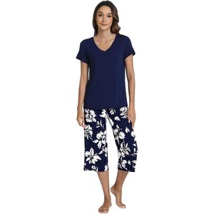 Ensemble de pyjama d'été personnalisé pour femme, haut à col en V, capris fleuris, doux, 2 pièces, vêtements de détente, vêtements de nuit, tailles S à XXL - Product Image 1