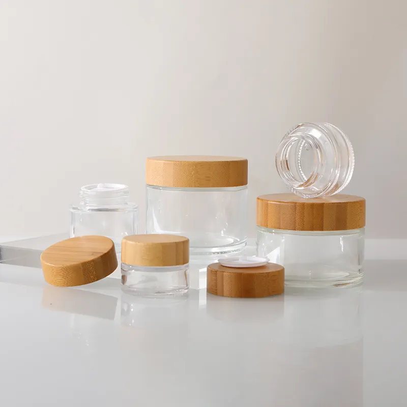 Empty Bamboo Cosmetic Glass Jars 15ml 30ml 50ml 100ml 150ml 200ml Clear Glass Cosmetic Jar with Bamboo Lid