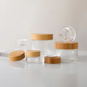 Empty Bamboo Cosmetic Glass Jars 15ml 30ml 50ml 100ml 150ml 200ml Clear Glass Cosmetic Jar With Bamboo Lid