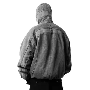 Custom Wholesale High Quality Oversized Drop Shoulder Vintage Hooded Acid Washed Full Face Zip Up Hoodie With Eye Holes