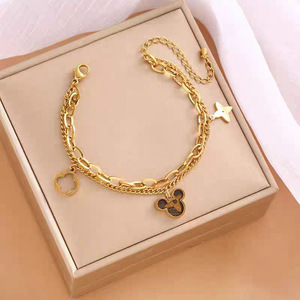 Bracelet holographique 18 carats en acier inoxydable double couche plié, style européen et américain, motif <span class=keywords><strong>Mickey</strong></span> trèfle à quatre feuilles, pour presbytes - Product Image 1