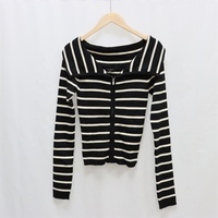 Pull cardigan tricoté personnalisé pour femme, col rond, manches longues côtelées, rayures noires et blanches, collection automne, fabrication OEM