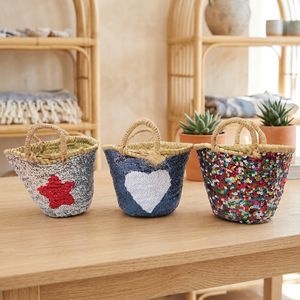Panier en paille fait main avec décoration de sequins, motif étoile et cœur, poignée naturelle, seau de rangement, décoration d'intérieur, Noël - Product Image 4