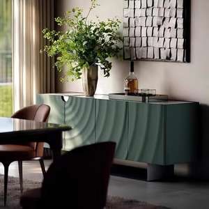Buffet moderne à texture ondulée verte avec éclairage LED, armoire de rangement avec plateau en marbre pour salle à manger et salon - Product Image 4