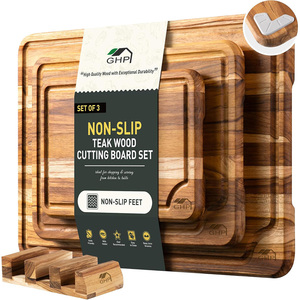 Ensemble de 3 planches à découper en bois de teck avec support pour la cuisine, non toxique, antidérapant, <span class=keywords><strong>planche</strong></span> à découper en bois pour servir des charcuteries, à placer sur l'évier - Product Image 1