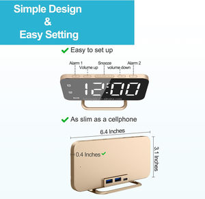 Reloj Despertador Digital LED Delgado, Superficie de <span class=keywords><strong>Espejo</strong></span> para Maquillaje, con Atenuación, Pantalla Grande, Puertos de Carga USB para Mujeres y Niñas - Product Image 3