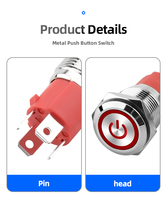 Botón Interruptor de 16 mm, IP65 Impermeable, Autobloqueante, con Luz Blanca de Alimentación, 15A, Metálico
