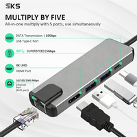 Base de Conexión Tipo C 5 en 1 de Alta Velocidad con RJ45 para USB 2.0 y 3.0, Carga Rápida, Aleación de Aluminio para iPad Pro, Laptops Delgadas y iOS