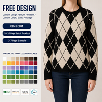 Pull en tricot Argyle personnalisé pour femme, col rond, noir et crème, motif losanges, usine OEM ODM