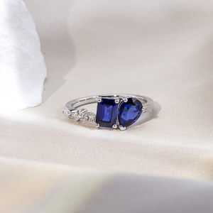 Messi Jewelry MSR-1805 <b>925</b> <b>Silver</b> Emreald Pear Cut May Birshstone Blue Sapphire Fashion <b>Ring</b> Claw Setting Two Stone <b>Ring</b> - Product Image 1