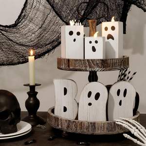 Centres de table maison fête Halloween décor rustique en bois chauffe-plat bougeoirs fantôme bois chauffe-plat <span class=keywords><strong>bougeoir</strong></span> ensemble - Product Image 4