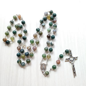 Rosario Católico de Cuentas de Ágata Verde con Colgante de Nuestra Señora <span class=keywords><strong>la</strong></span> Virgen María, Rosarios de Ágata Musgosa - Product Image 1