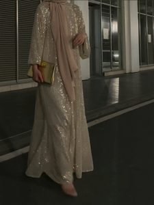 Vestido Abaya Brillante con Cuello Redondo, Mangas Largas, Forro y Largo hasta el Suelo para Bodas/Fiestas - Product Image 2