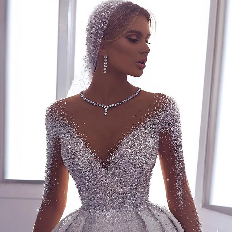 Hot Sale Gorgeous Beaded Luxury Crystal Women's Long Sleeve Wedding Dress Bridal Gown