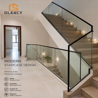 Rampe d'escalier et de balcon intérieure en verre trempé noir mat moderne, balustrade en verre sans cadre, main courante