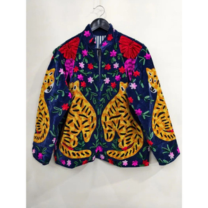 Hand Embroidered Breathable Cotton Velvet Safari <b>Jacket</b> <b>Mandarin</b> <b>Collar</b> Full Sleeve Floral Pattern Tiger Design Women's Finished - Product Image 1