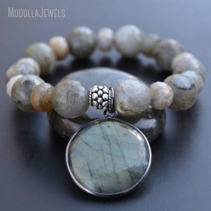 BM10772 Boho Chic Labradorite Gemstone <strong>Silver</strong> Plated <strong>Stretch</strong> Bead Charm <strong>Bracelet</strong> for Women's Anniversary - Product Image 4