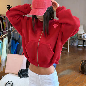 Felpa con Cappuccio e Zip Personalizzata con Stampa a Rilievo, Streetwear di Alta Qualità, Pesante, Rossa, Oversize per l'Autunno - Product Image 1