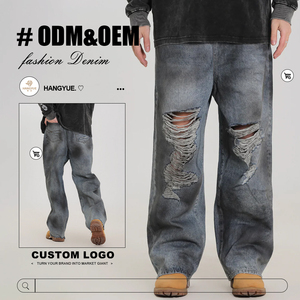 Jeans Rectos Personalizados Hangyue para Hombre, Lavado a la Piedra, Efecto Desgastado con Agua, 100% Algodón Tejido, Botones y Cremalleras, Todas las Temporadas, Logotipo Personalizable - Product Image 1