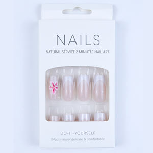 3d Fleur Moyen Long Cercueil French Tips Press on Nails Wholesale <span class=keywords><strong>Faux</strong></span> <span class=keywords><strong>Ongles</strong></span> <span class=keywords><strong>Ongles</strong></span> Artificiels avec Jelly Glue - Product Image 2