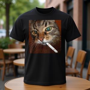Camiseta con estampado de gato fumando un cigarrillo, camiseta gráfica de algodón negra unisex para adultos - Product Image 3