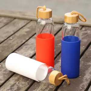 Botol Air Kaca Borosilikat Kustom Infuser Teh Buah Botol Air Kaca Portabel dengan Lengan Silikon