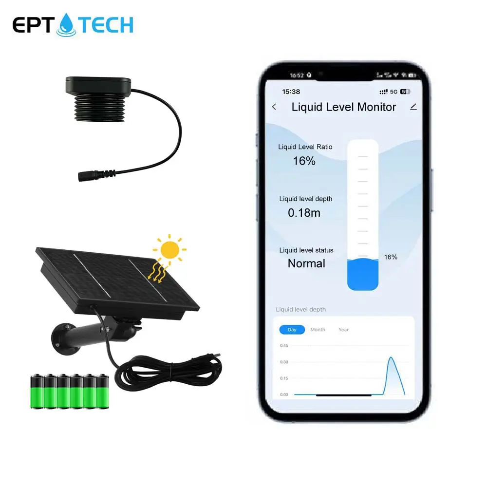 EPTTECH Solar Panel Tuya Ultrasonic Liquid Level Sensor Efficient Management Controller Indicator Rainharvest System