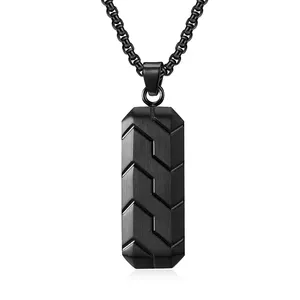 600mm Minimalist Matte Black Stainless Steel Cast Geometric Striped Rectangle Hip Hop Pendant With Box Chain