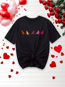 T-Shirt da Donna per San Valentino LGBT con Stampa Gatto Arcobaleno, 100% Cotone, Manica Corta, Collo Tondo, Casual, Traspirante, per Tutte le Stagioni - Product Image 3