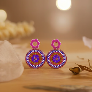 Orecchini pendenti alla moda con design mandala rotondo, motivo floreale viola, set da 12 pezzi - Product Image 2