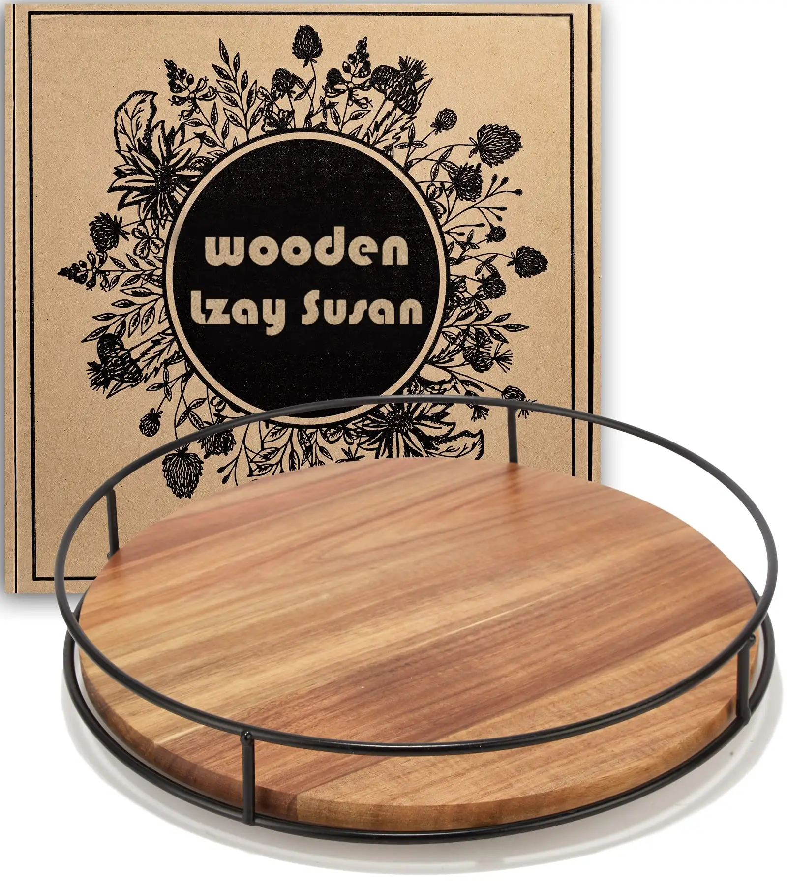 Organisateur de plateau tournant Lazy Susan en bois rond en bois artistique pour Table avec barre en acier noir robuste rotation lisse à 360 degrés