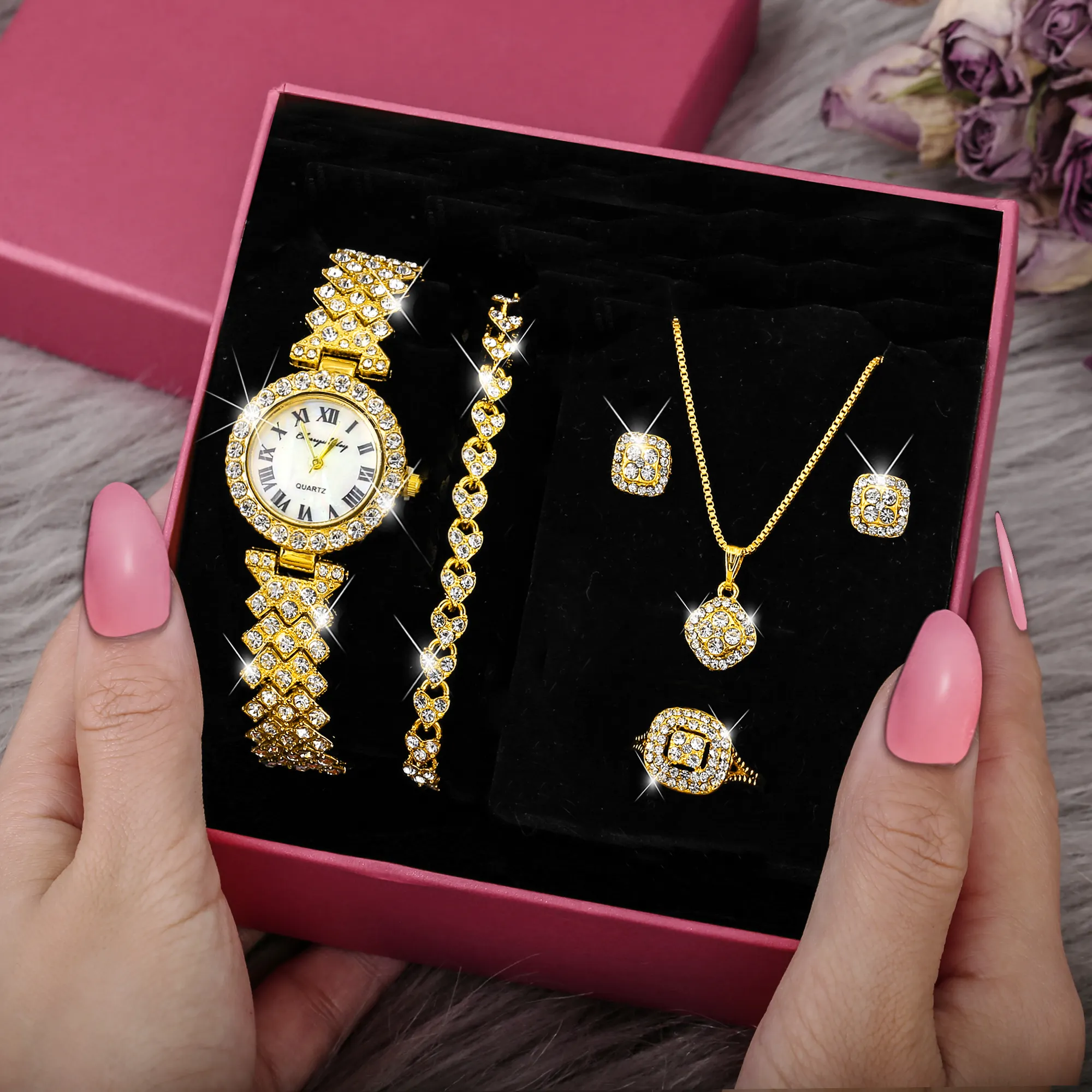 Finetoo Мода класса люкс с цельными круглыми кристаллами 5 шт. часы комплект со стразами ожерелье серьги комплект ювелирных изделий для женщин подарок 2021