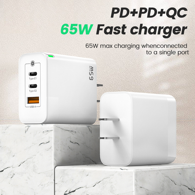 Wholesale 65W GaN USB-C Charger PD3.0 Fast Charging 2 Port LED Light Laptop Tablet Phone Desktop Earphone Charger