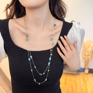Korean Style Crystal Multi Layer <b>Necklace</b> <b>Long</b> Teardrop Shape Light Luxury Sweater Chain Autumn Winter Fashion Accessory - Product Image 4
