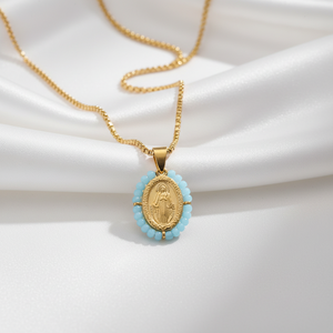 HB0617 <strong>Best</strong> Selling 20*30mm Stainless Steel Turquoise Oval Bead Charm Pendant s Steel Circular Virgin Mary <strong>Necklace</strong> Wholesale - Product Image 2