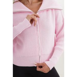 Cardigan rose en tricot à col zippé pour femme, style décontracté, tissu anti-boulochage - Product Image 1