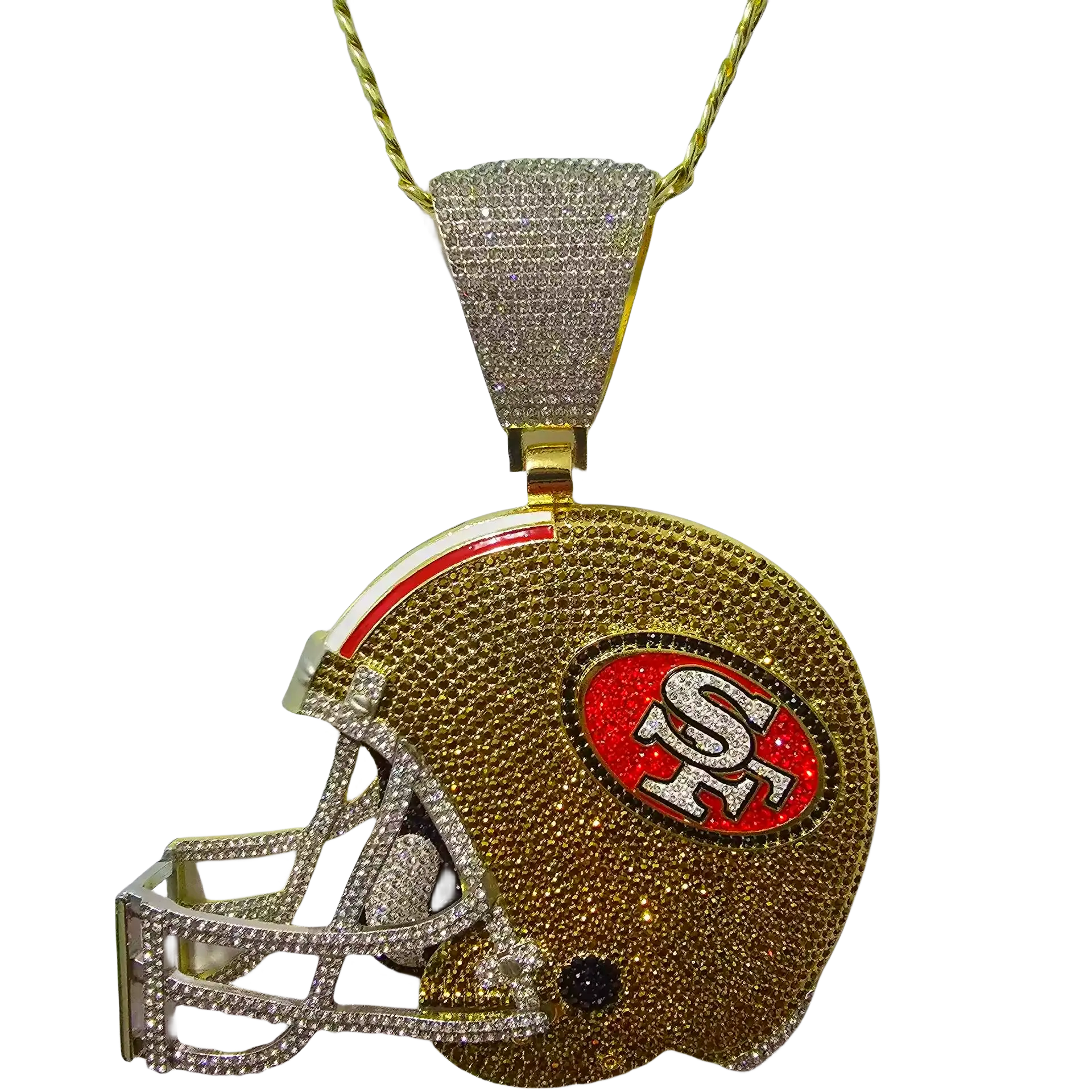 ปรับแต่งหมวกกันน็อคซูเปอร์ชาม SF 49ers 6 "/8" สร้อยคอเหรียญจี้ Bling พร้อมโซ่สร้อยคอ