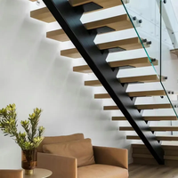 Escalier droit moderne d'intérieur BNS, escalier flottant en acier inoxydable, marches en bois, garde-corps en verre poli miroir, garantie de 5 ans