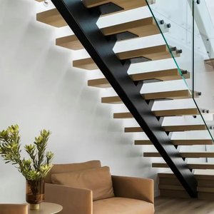 Escalier droit moderne d'intérieur BNS, escalier flottant en acier inoxydable, marches en bois, garde-corps en verre poli miroir, garantie de 5 ans - Product Image 4