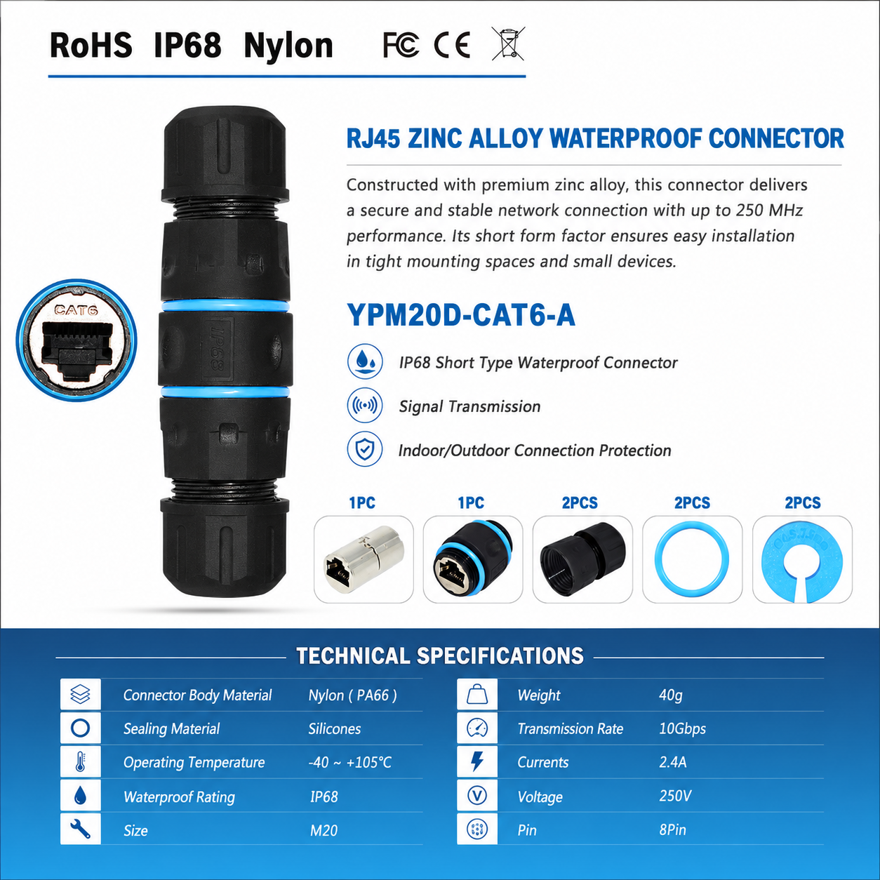 M20 IP68 Waterproof RJ45 Coupler CAT6 10Gbps Shielded Zinc Alloy Inline Ethernet Extender