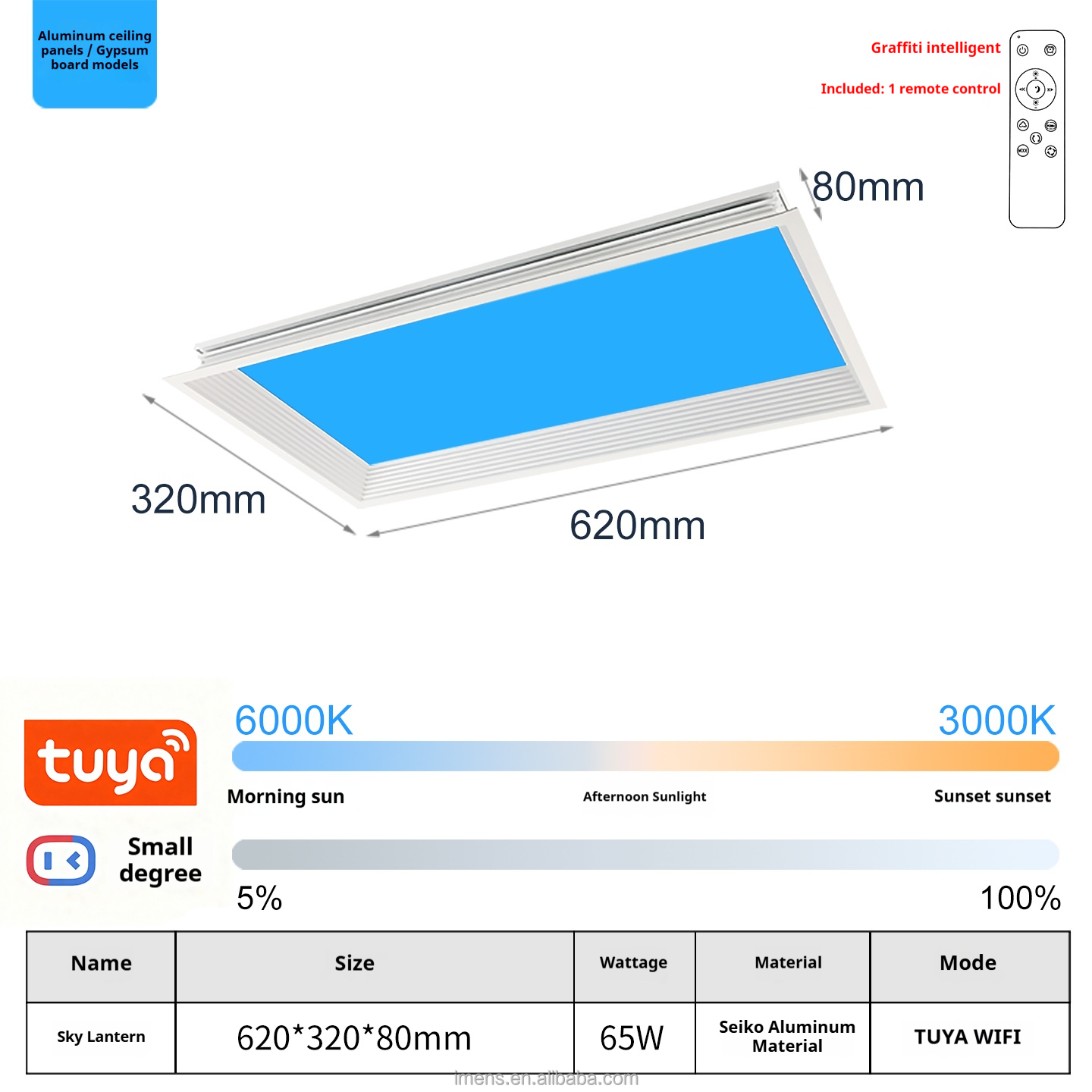 Panneau lumineux encastré bleu ciel 300x600-Tuya Smart