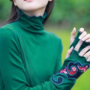 Ethnic Style Embroidered High Neck Long Sleeve Base Shirt For Women Blue With Wood Ear Edge Autumn Winter Warm Wear - Product Image 2