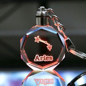Zodiac Icon Etching Illuminating Crystal <b>Key</b> <b>Chain</b> Custom Aries Crystal Keychain - Product Image 1