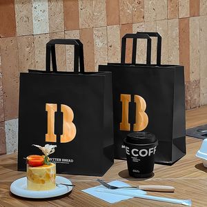 Bolsa de Papel Kraft Biodegradable Personalizada con Logotipo Estampado en Caliente para Panadería, Comida para Llevar, con Asas Planas - Product Image 3