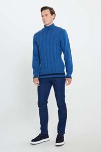 <strong>Men's</strong> <strong>Chunky</strong> <strong>Cable</strong> <strong>Knit</strong> Turtleneck Sweater 100% Wool Long Sleeve Pullover <strong>Jumper</strong> Royal Blue - Product Image 3