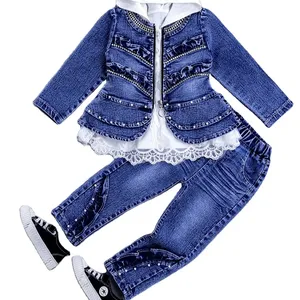 Traje de mezclilla para niñas a la moda, conjunto para niños, traje de mezclilla 2023, conjunto para niñas, conjunto de 3 piezas