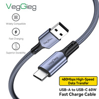 Cable Trenzado VegGieg USB-A a USB-C de 60W, Carga Rápida de Alta Velocidad, Cable Cargador Tipo C de Aleación de Aluminio para Teléfono y Tableta