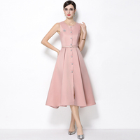 Elegante Vestido de Mujer para Primavera y Otoño, Sin Mangas, con Decoración de Botones de Diamantes, Vestido Rosa de Lino
